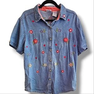 Vintage 90s Denim Floral Embroidered Button Down Collared Jean Blouse Size